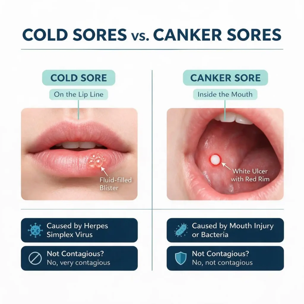omparison of cold sore on the lip and canker sore inside the mouth