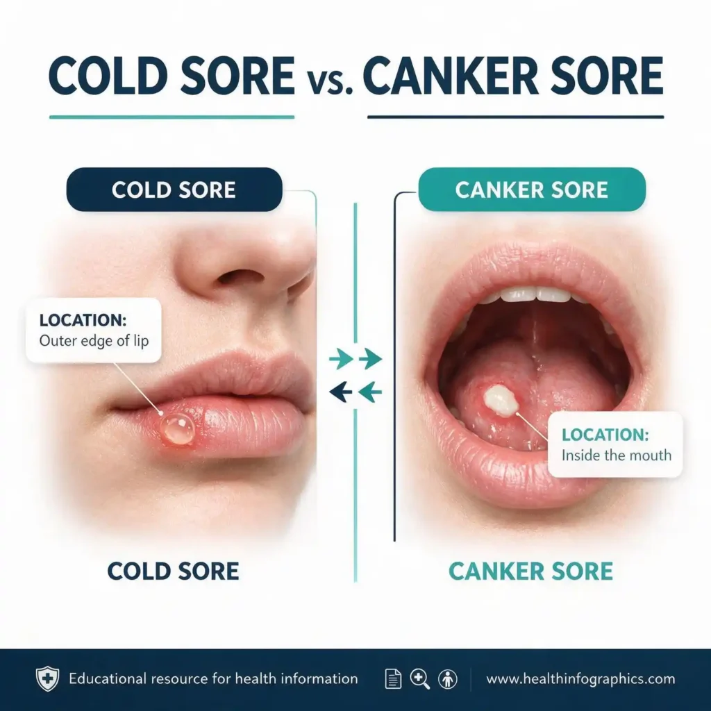 omparison of cold sore on the lip and canker sore inside the mouth
